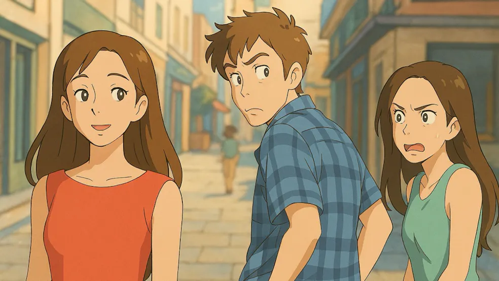 The Distracted boyfriend meme in the style of Studio Ghibli