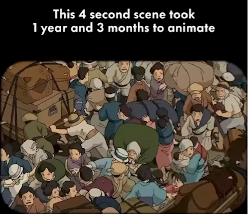 Crowd scene in the wind rises with the caption that it took 1 year and 3 months to animate this four second sequence