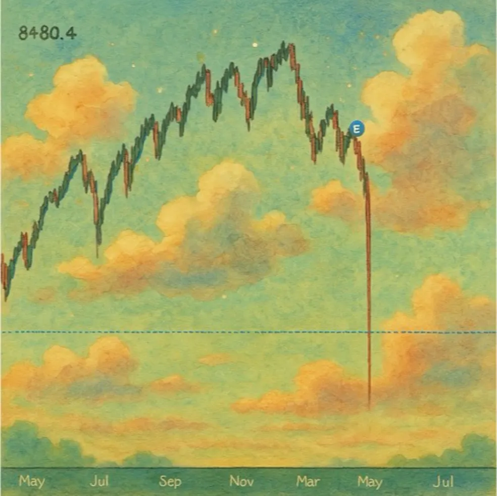 A dramatic drop in the stock market shown as a graph in front of clouds in the style of Studio Ghibli