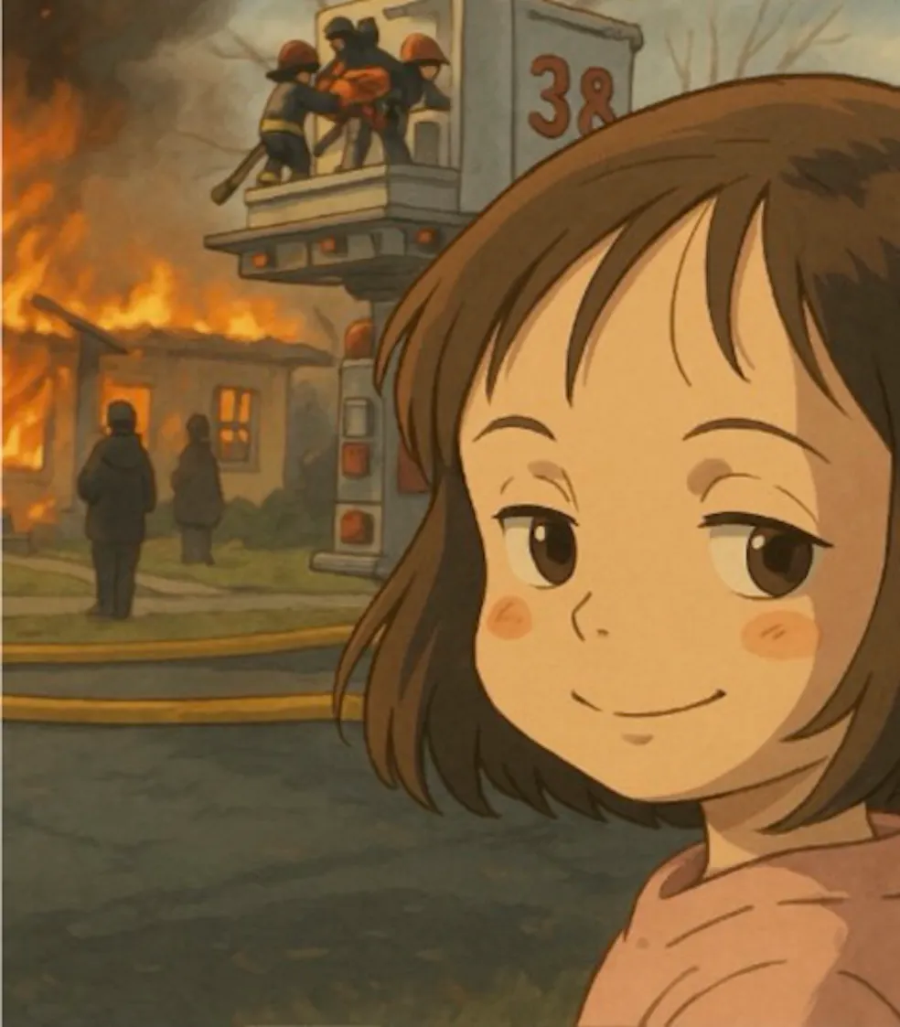 The smiling girl in front of a burning buiding in the style of Studio Ghibli