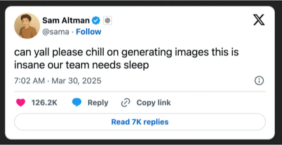 Sam Altman's tweet asking people to calm down in generating images as his team needs sleep