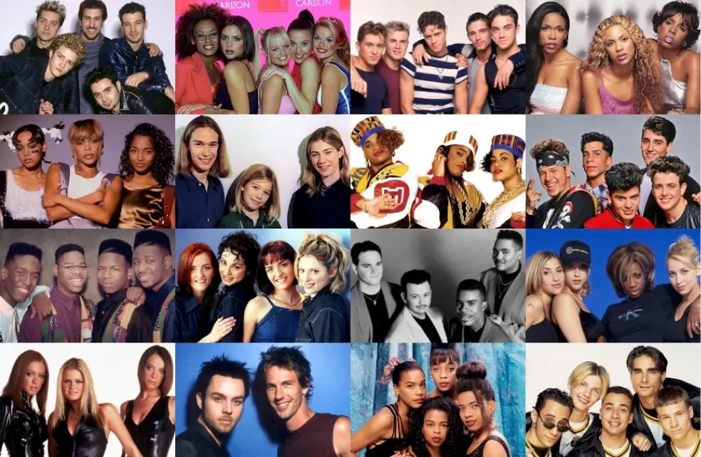 Collage of lots of boy and girl bands from the 90s