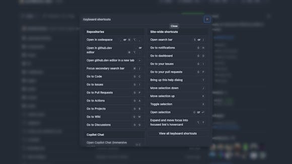 GitHub's shortcut list