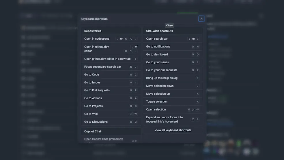 GitHub's shortcut list