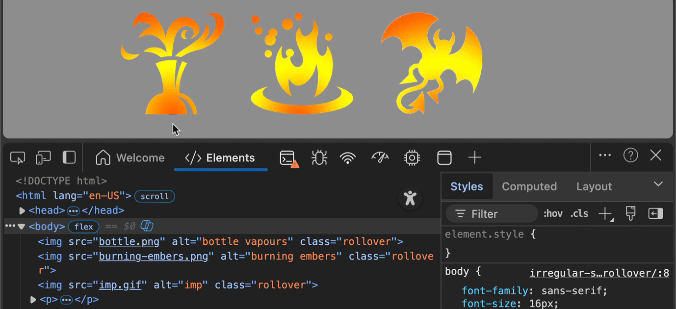 rollovers demo showing the changes to the HTML with classes added and removed