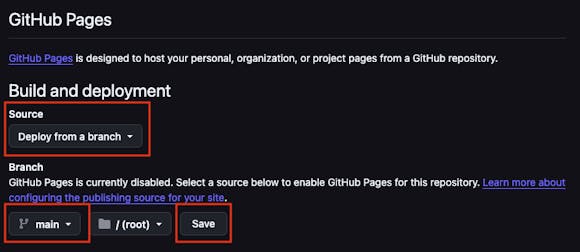 The Github pages screen with the sections highlighted you should interact with