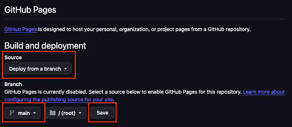 The Github pages screen with the sections highlighted you should interact with