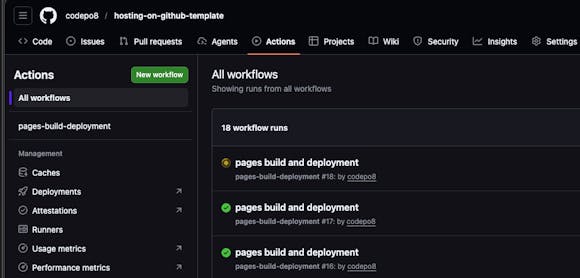 Actions tab showing a running build of GitHub pages