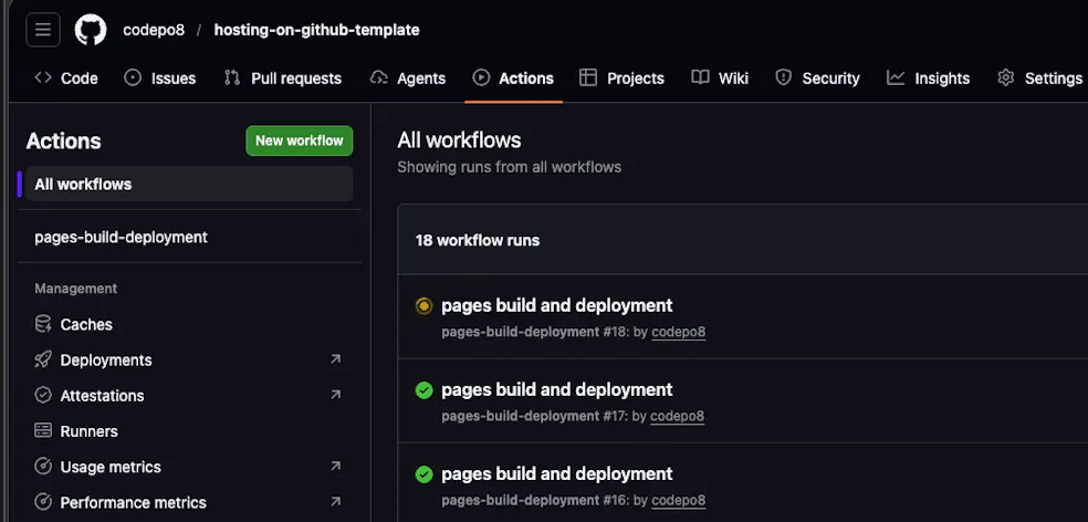Actions tab showing a running build of GitHub pages
