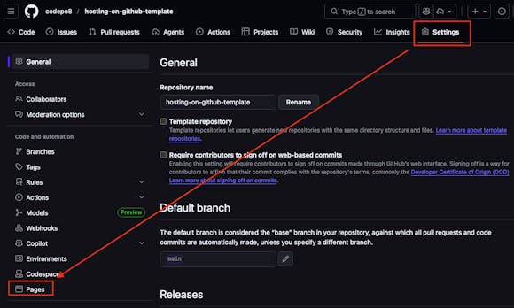 The settings of the repository link in the main navigation and the pages link in the secondary navigation