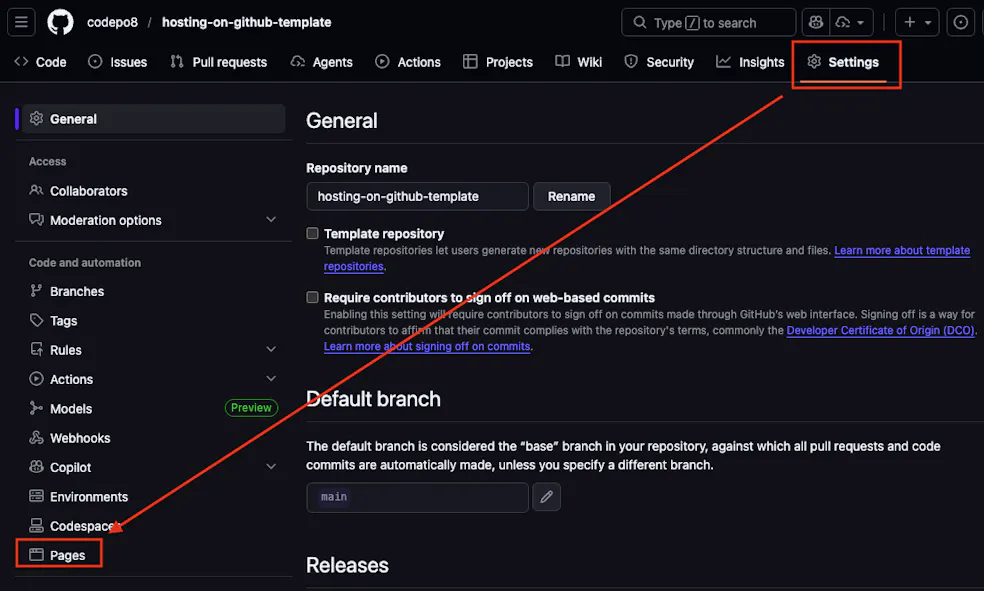 The settings of the repository link in the main navigation and the pages link in the secondary navigation