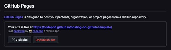 Github pages section with successfully deployed page information
