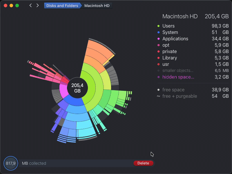 DaisyDisk in action allowing you to find and delete large files
