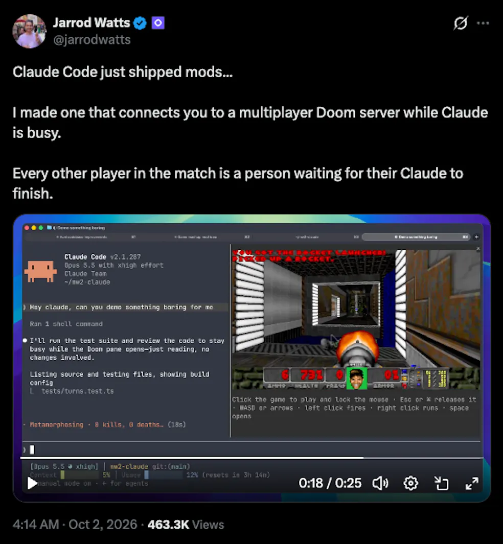 Jarrod Watts X post containing an image showing a split-screen of a code editor and a game of DOOM