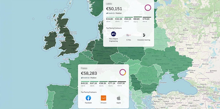 A map of Europe showing some salary stats