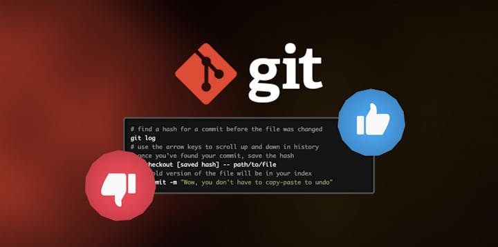 The git logo with a thumbs up, a thumbs down, and a git command.