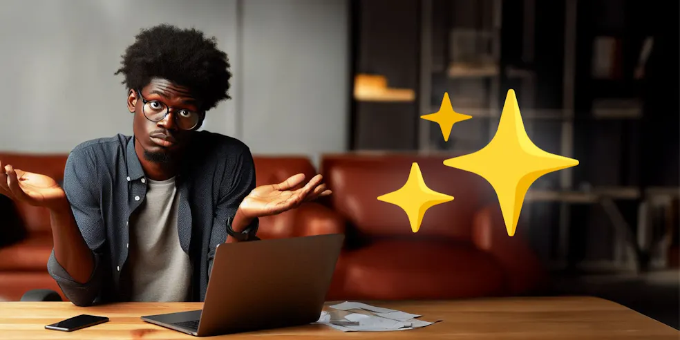 A man shrugging his shoulders with an AI sparkle emoji next to him