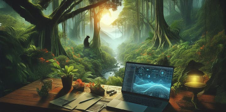 An AI-generated scene of a rainforest with a laptop in the foreground