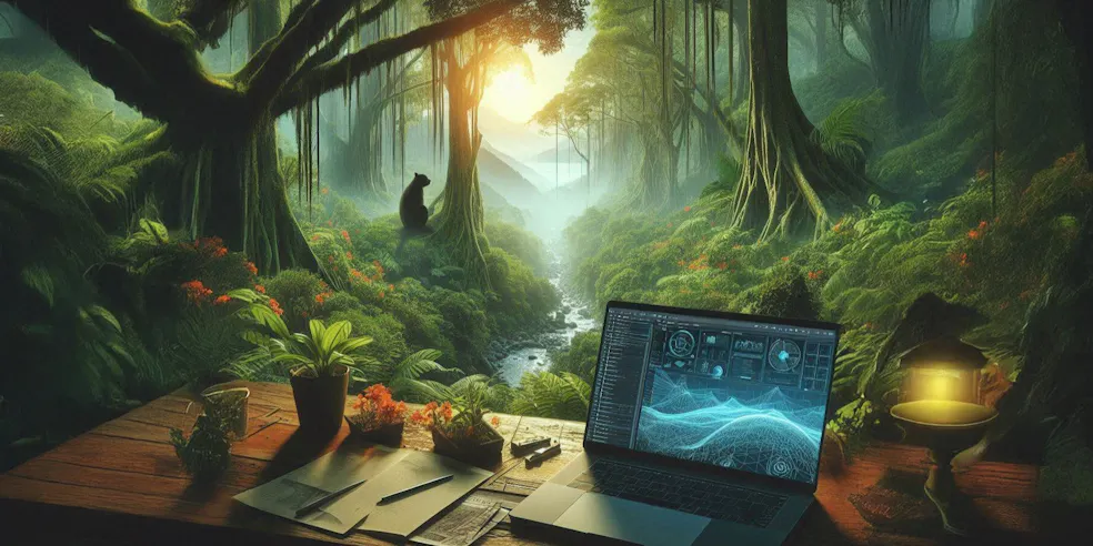 An AI-generated scene of a rainforest with a laptop in the foreground