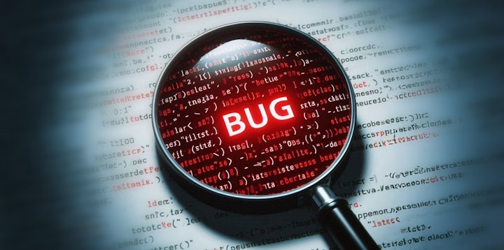 A page of code with a magnifying glass over it, highlighting the word BUG in red text.