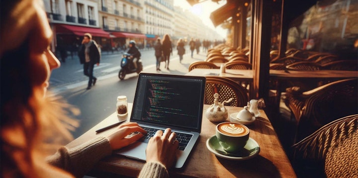 A woman sat in a cafe on the side of the road in Paris, writing code on her laptop