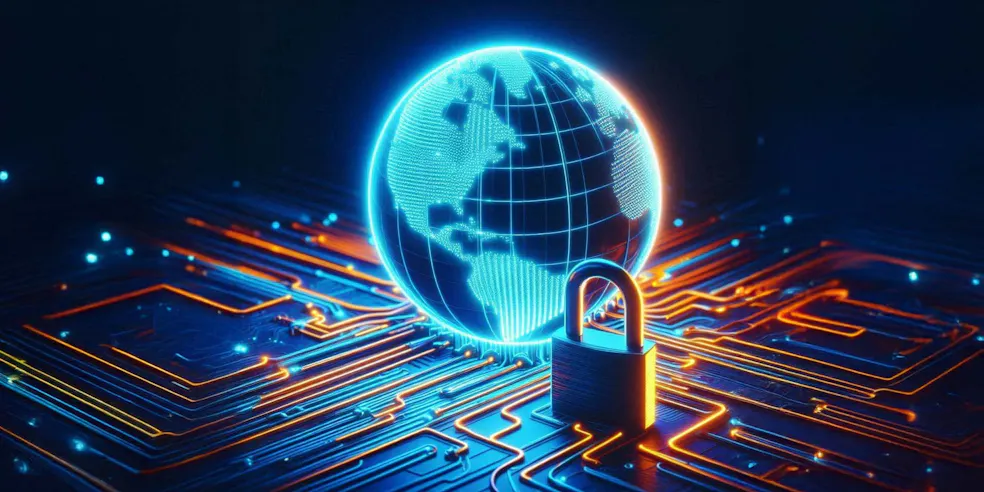 An image with neon lighting featuring a globe and a padlock