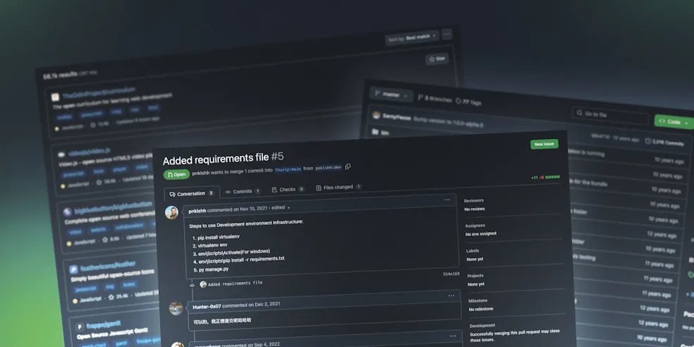 Screenshots of different aspects of GitHub
