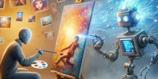 A person painting an image with a robot also creating a lot of them.