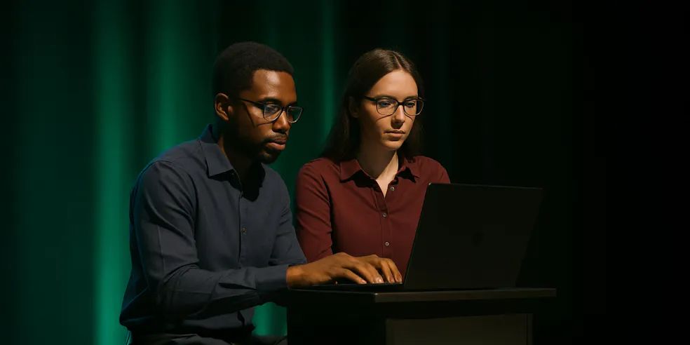 Two people pair programming on stage