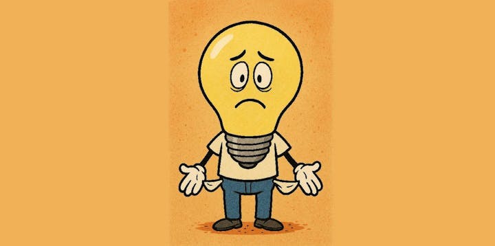 A light bulb with turned out pockets showing that it has ideas but no money.