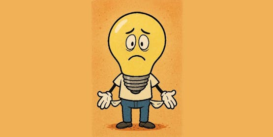 A light bulb with turned out pockets showing that it has ideas but no money.