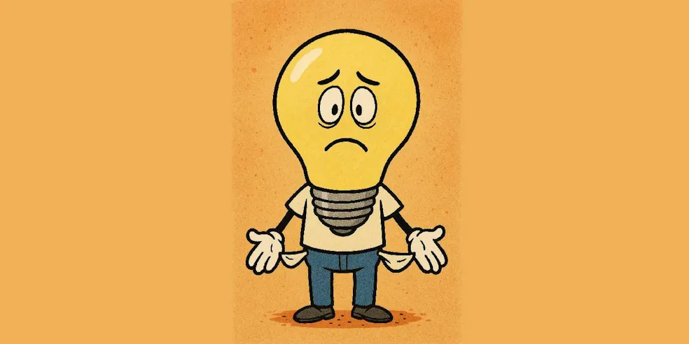 A light bulb with turned out pockets showing that it has ideas but no money.