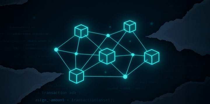 Neon blocks connected by lines to represent blockchain