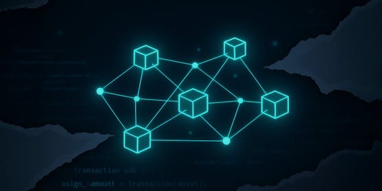 Neon blocks connected by lines to represent blockchain