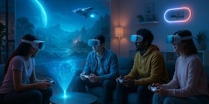 A futuristic image of people VR-gaming in the future