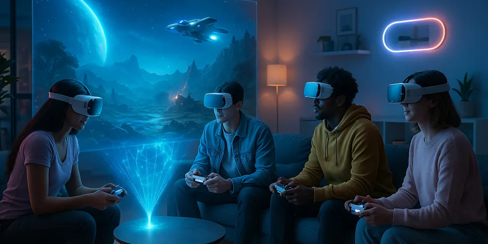 A futuristic image of people VR-gaming in the future