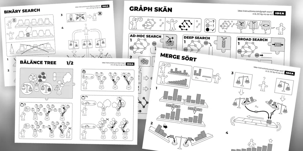 IKEA-style no-text diagrams explaining algorithms