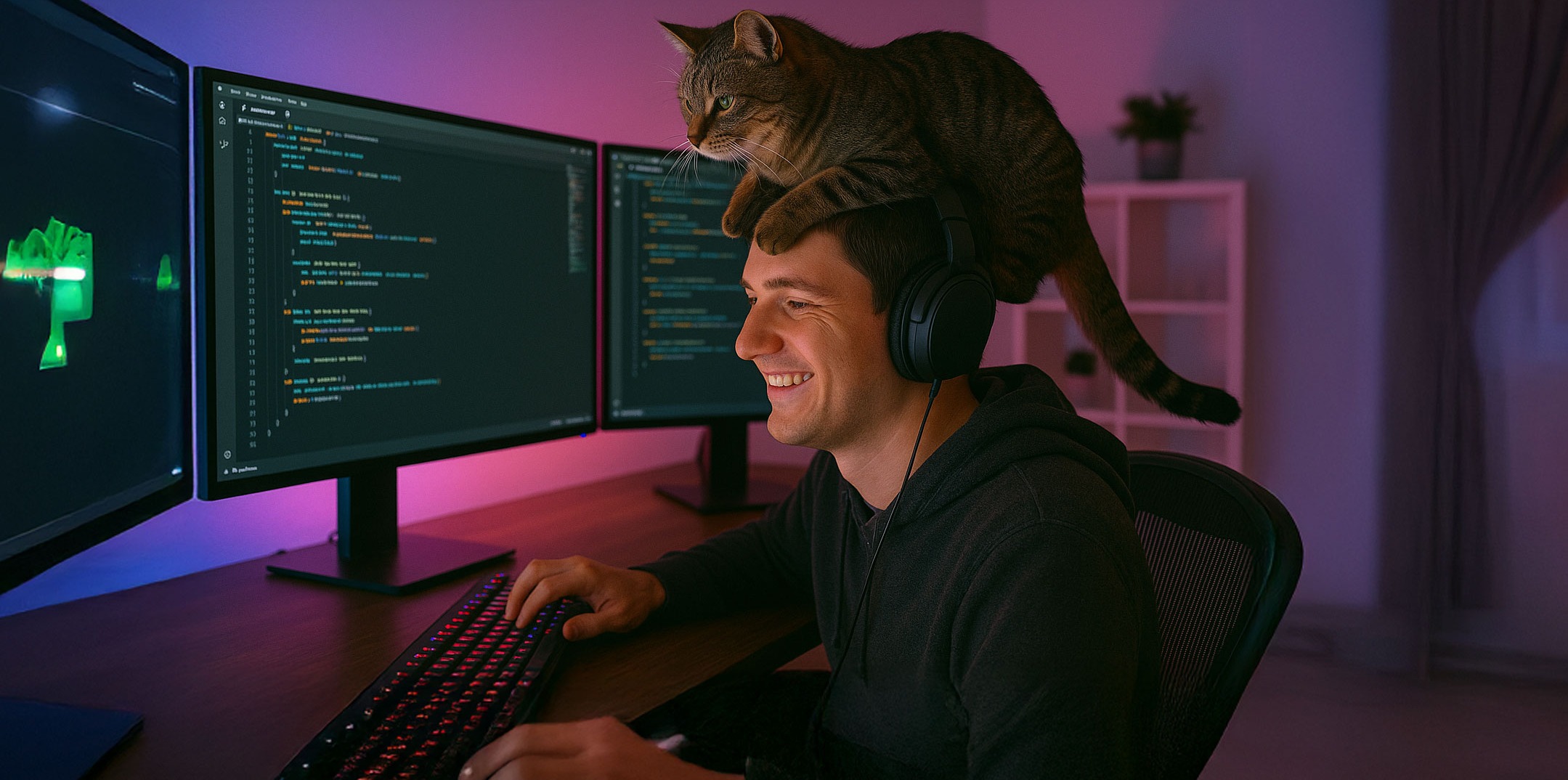 A remote developer with a cat sat on his head while he works at home