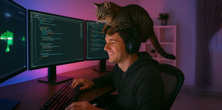 A remote developer with a cat sat on his head while he works at home