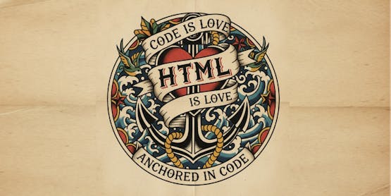An old school tattoo style logo stating that code is love and HTML is love showing an anchor