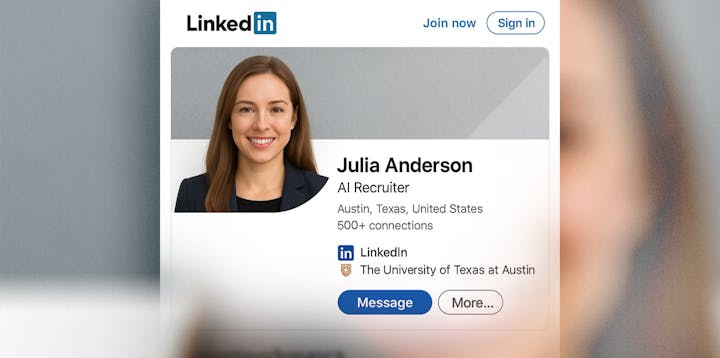 A mockup of a fake recruiter's LinkedIn profile