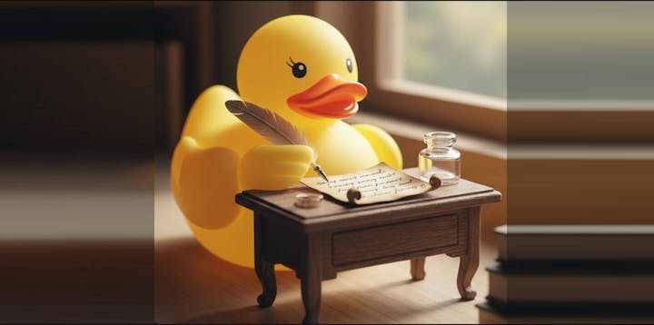 A rubber duck with a quill and an inkpot writing a letter