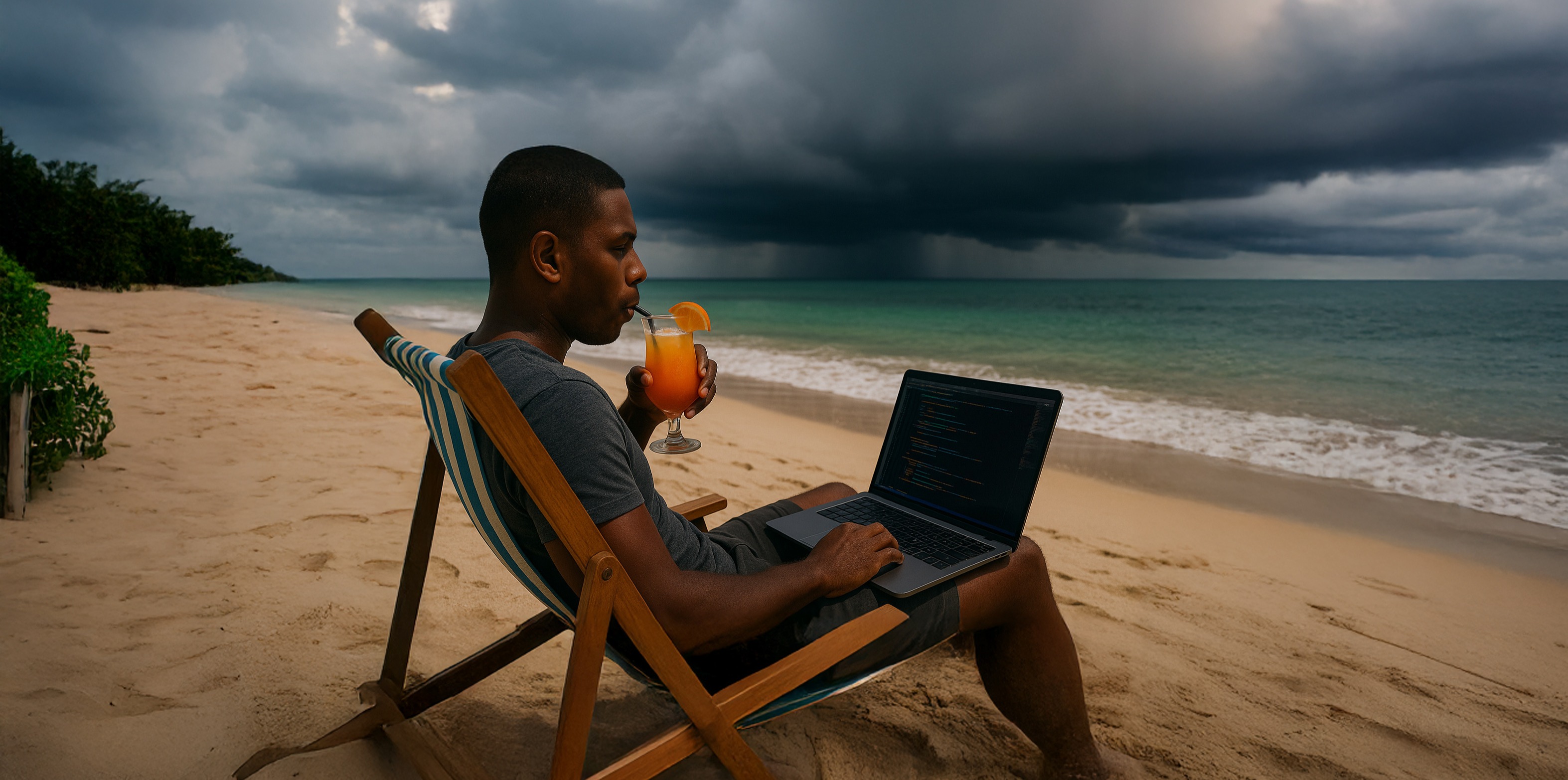 A man on a beach writing code, with dark clouds in the distance