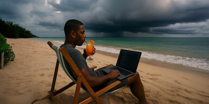 A man on a beach writing code, with dark clouds in the distance
