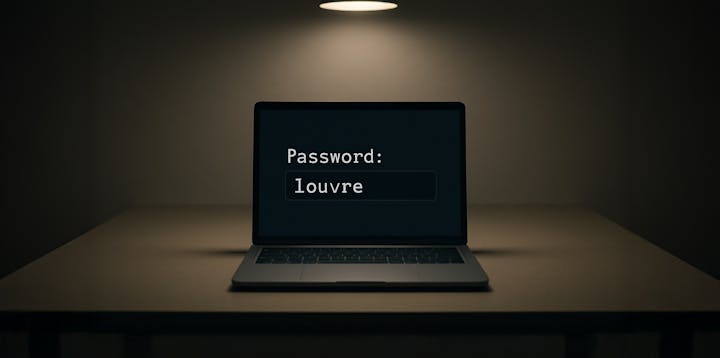 A screen showing the password as 'louvre'
