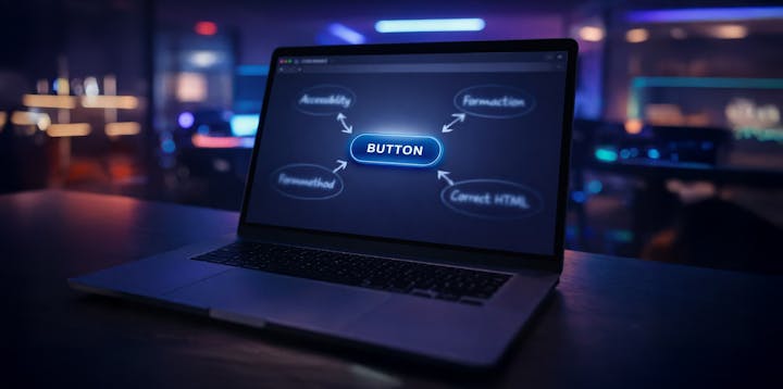 A laptop with a button on it, surrounded by nodes showing the benefits of button elements.