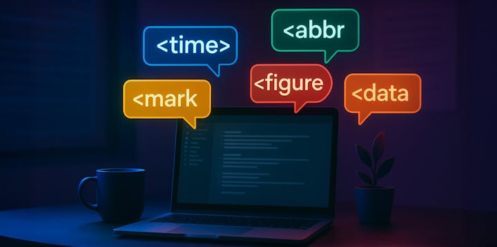Semantic HTML element tags floating above a laptop
