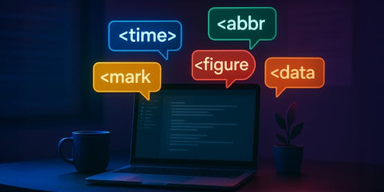 Semantic HTML element tags floating above a laptop