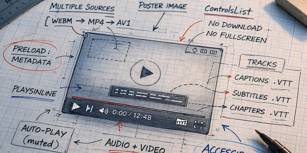 A wireframe diagram of a video player