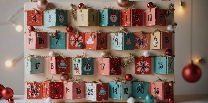 a colourful calendar with 24 boxes and baubles